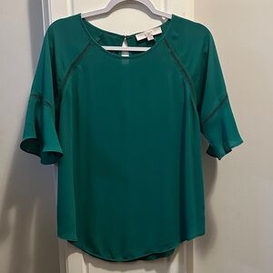 LOFT Green Blouse with Ruffle Sleeves
